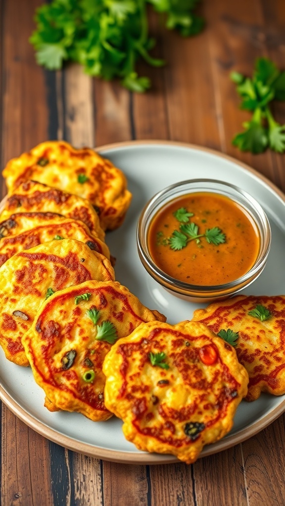 Crispy vegetable fritters on a plate with herbs and dipping sauce.